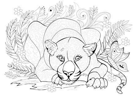 Black and white page for coloring book fantasy drawing of beautiful cheetah in the jungle pattern for print and embroidery worksheet for children and adults vector image ù ùùø øªøµù ùù ù