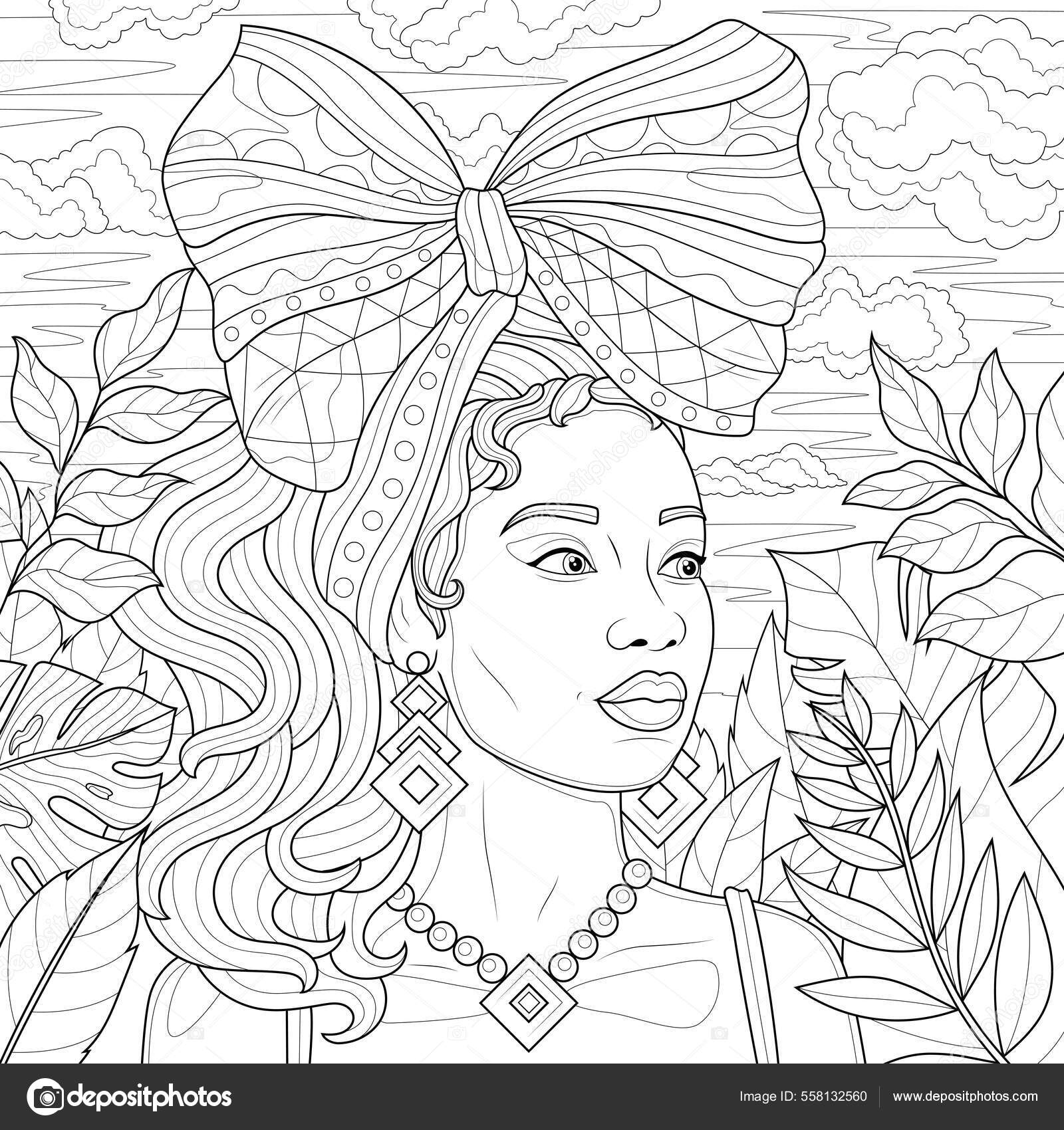 Chica negra con gran lazo cabeza libro para colorear antiestrãs vector de stock por vlasenkoekaterinkagmail