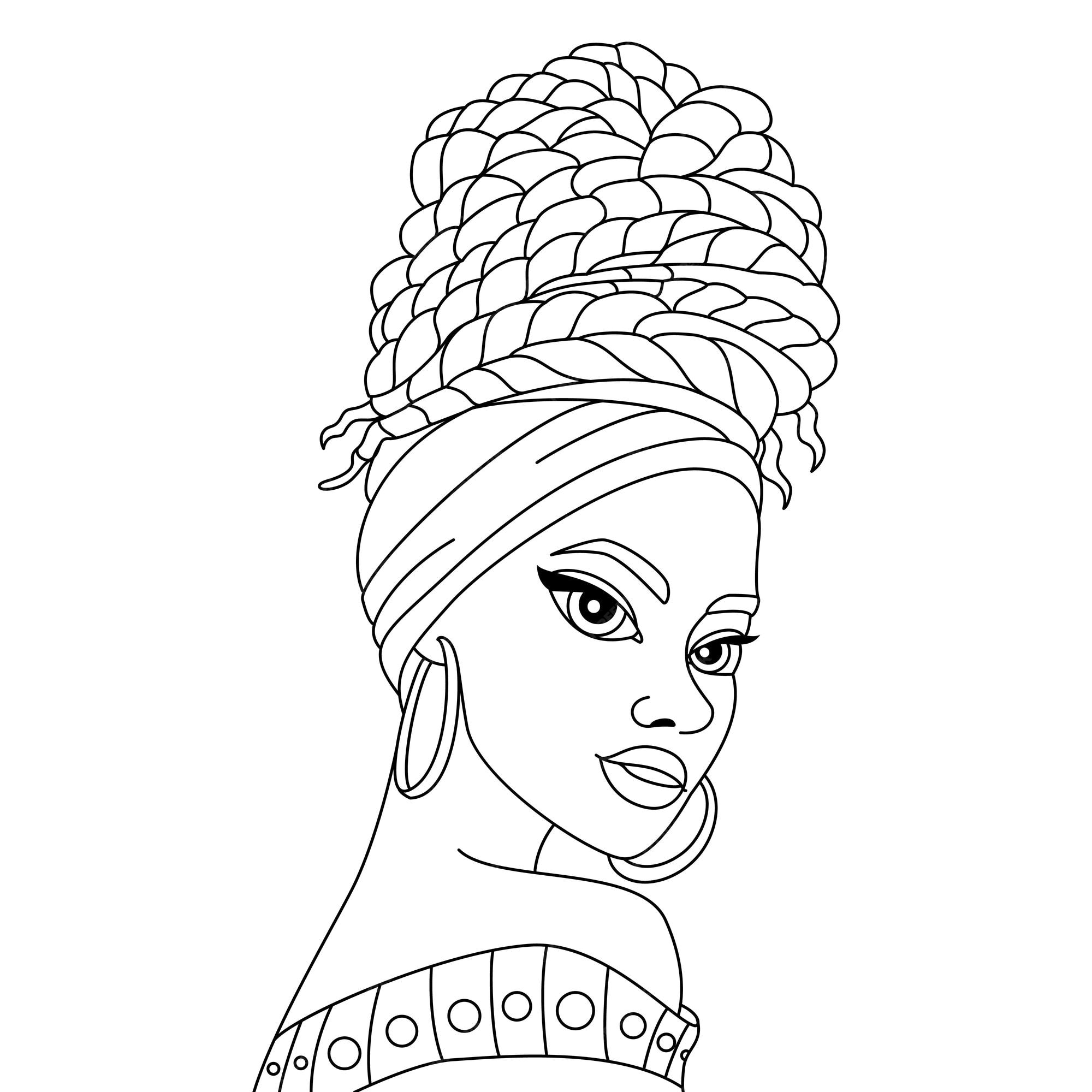 Joven negra africana en un colorido turbante con peinado tradicional para colorear quema de pãgina vector premium
