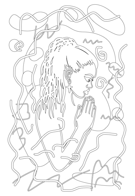 Dibujo de cabeza de cara de mujer afroamericana afro negra rezandopintura de pãgina de libro para colorearchica de moda vector premium