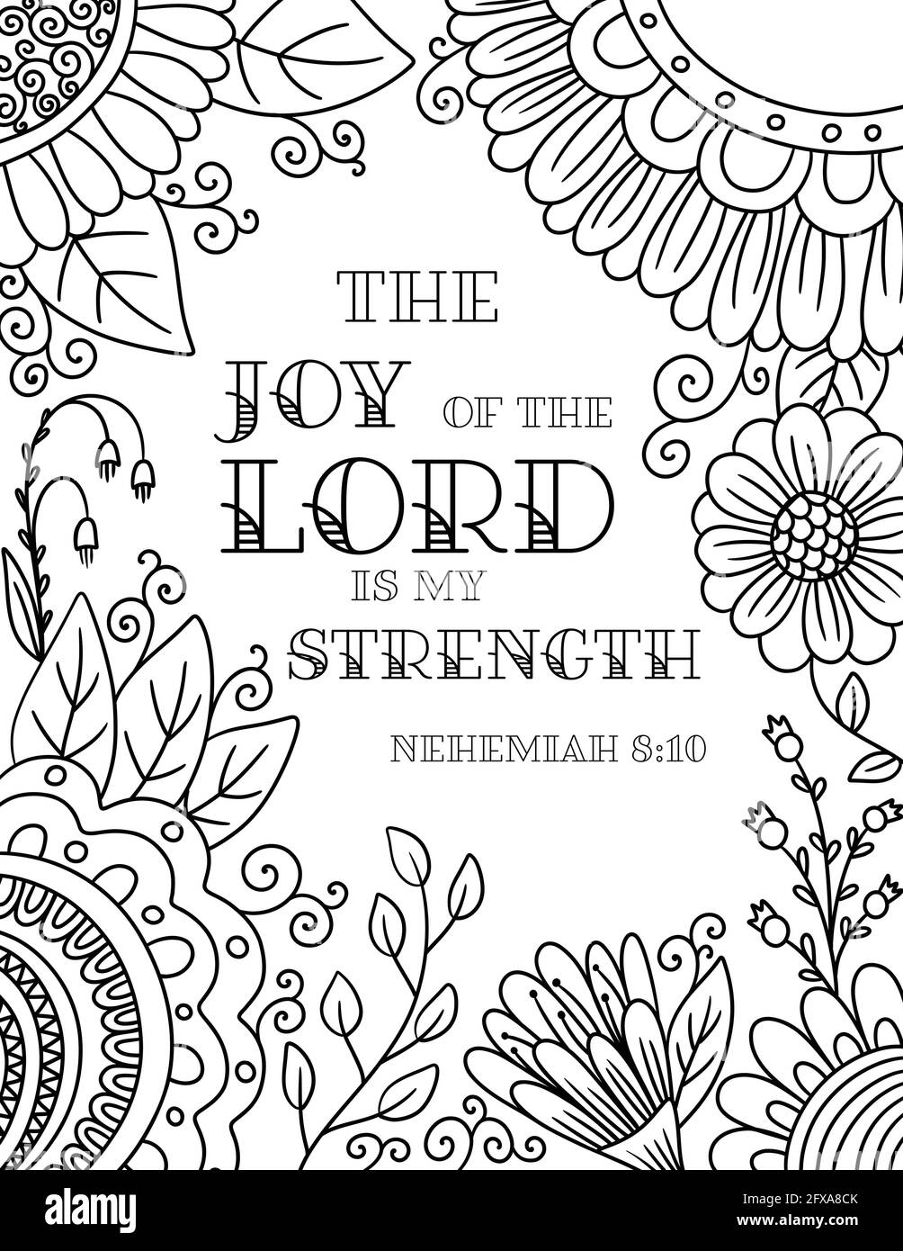 Adult coloring floral border with a verse the joy of the lord is my strength stock vector image art