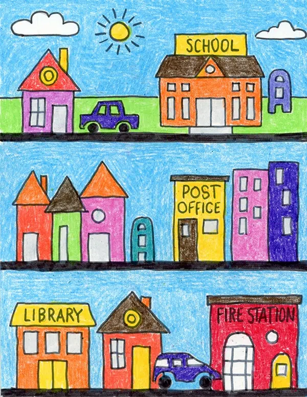 Easy how to draw your neighborhood tutorial and coloring page