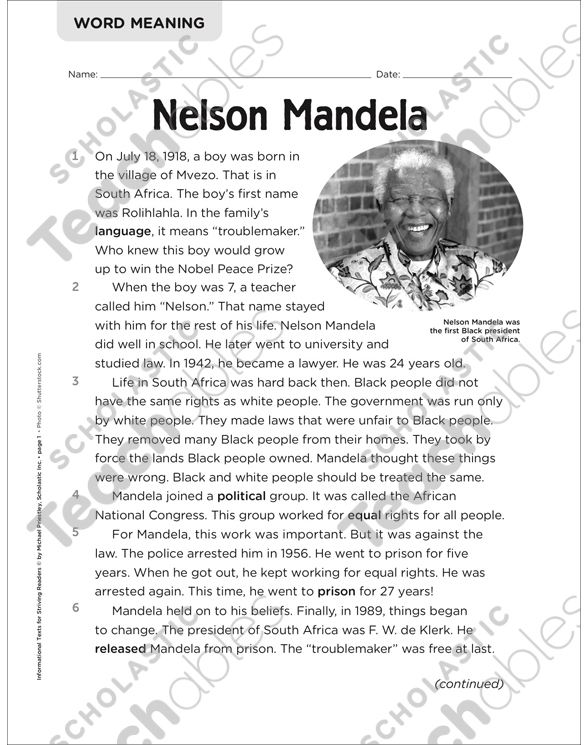 Nelson mandela informational text printable skills sheets
