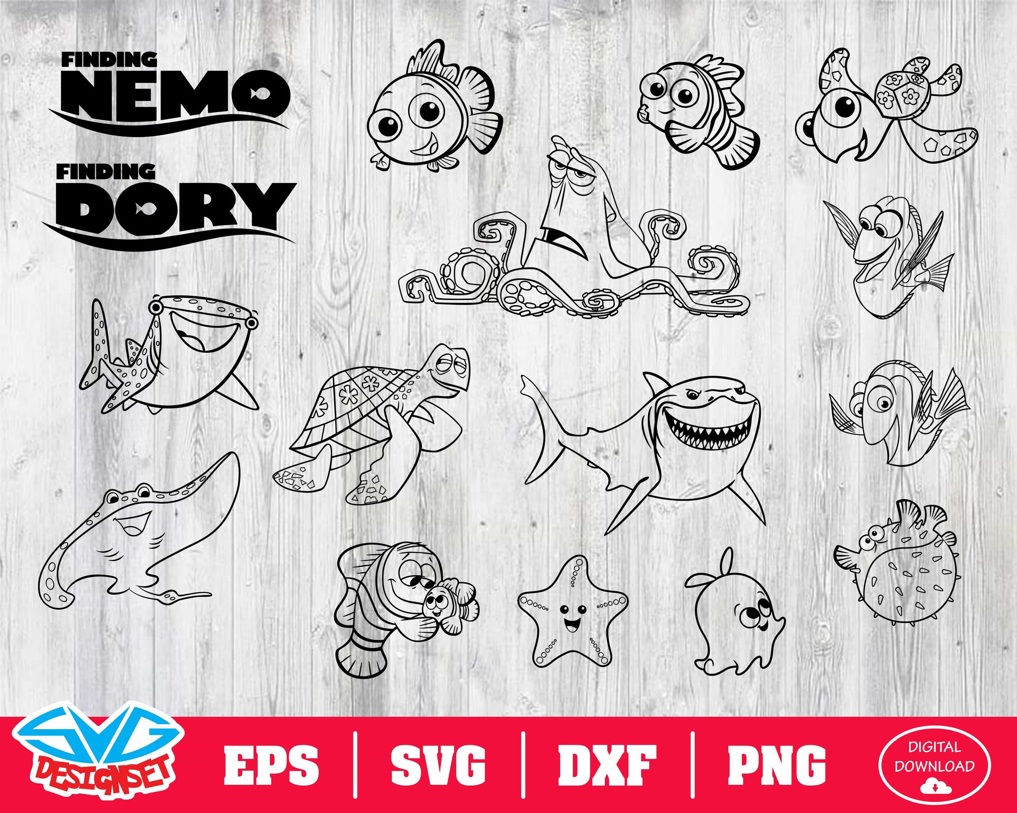 Nemo and dory svg dxf eps png clipart silhouette and cutfiles