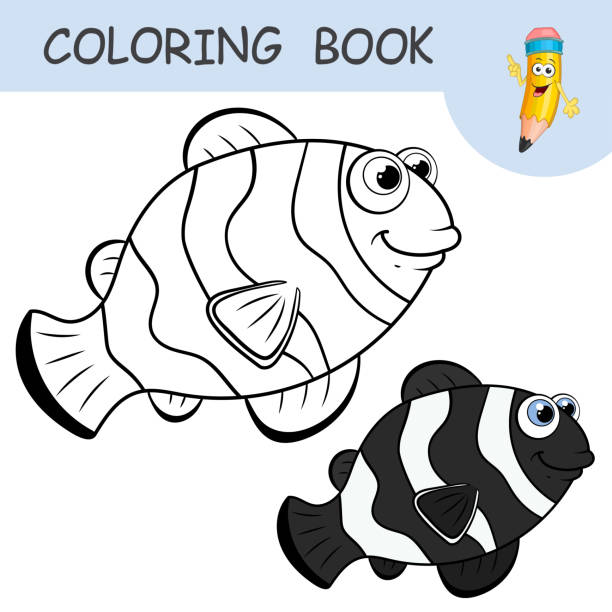 Coloring book with character black clown fish colorless and color samples fish on coloring page for kids coloring design in cute cartoon style black contour silhouette with a sample for coloring stock