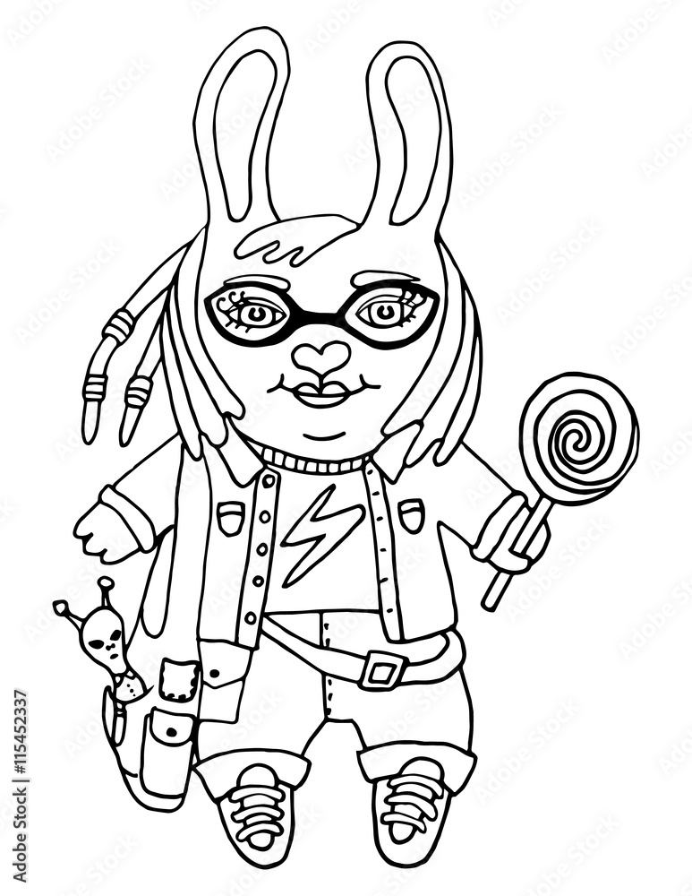 Outline drawing a cute rabbit girl nerd in glasses with toy and candy cartoon character on isolated white background kids coloring book and coloring page print pattern vector illustration vector