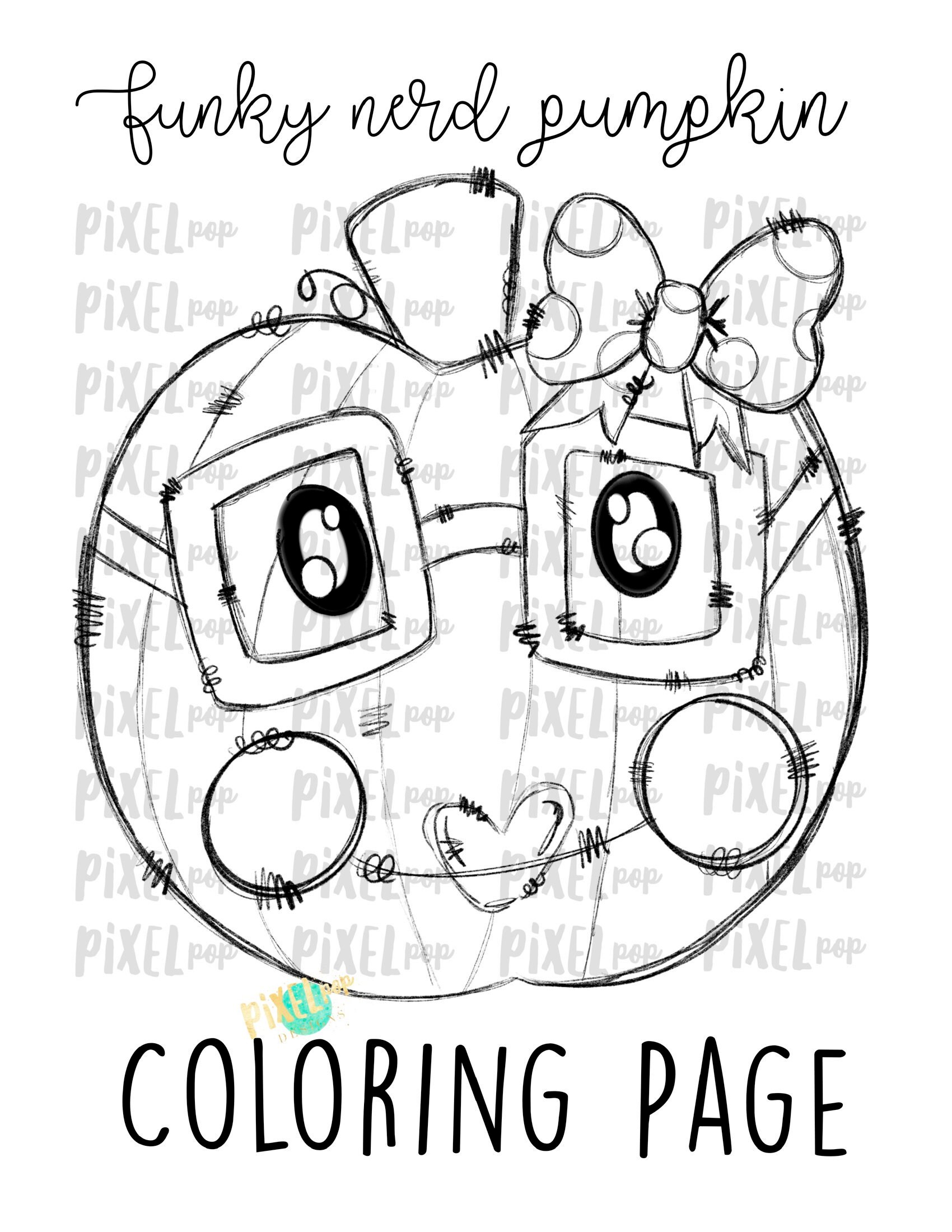 Funky nerd pumpkin with glasses coloring page hand drawn digital printable art digital download printable artwork kids worksheet
