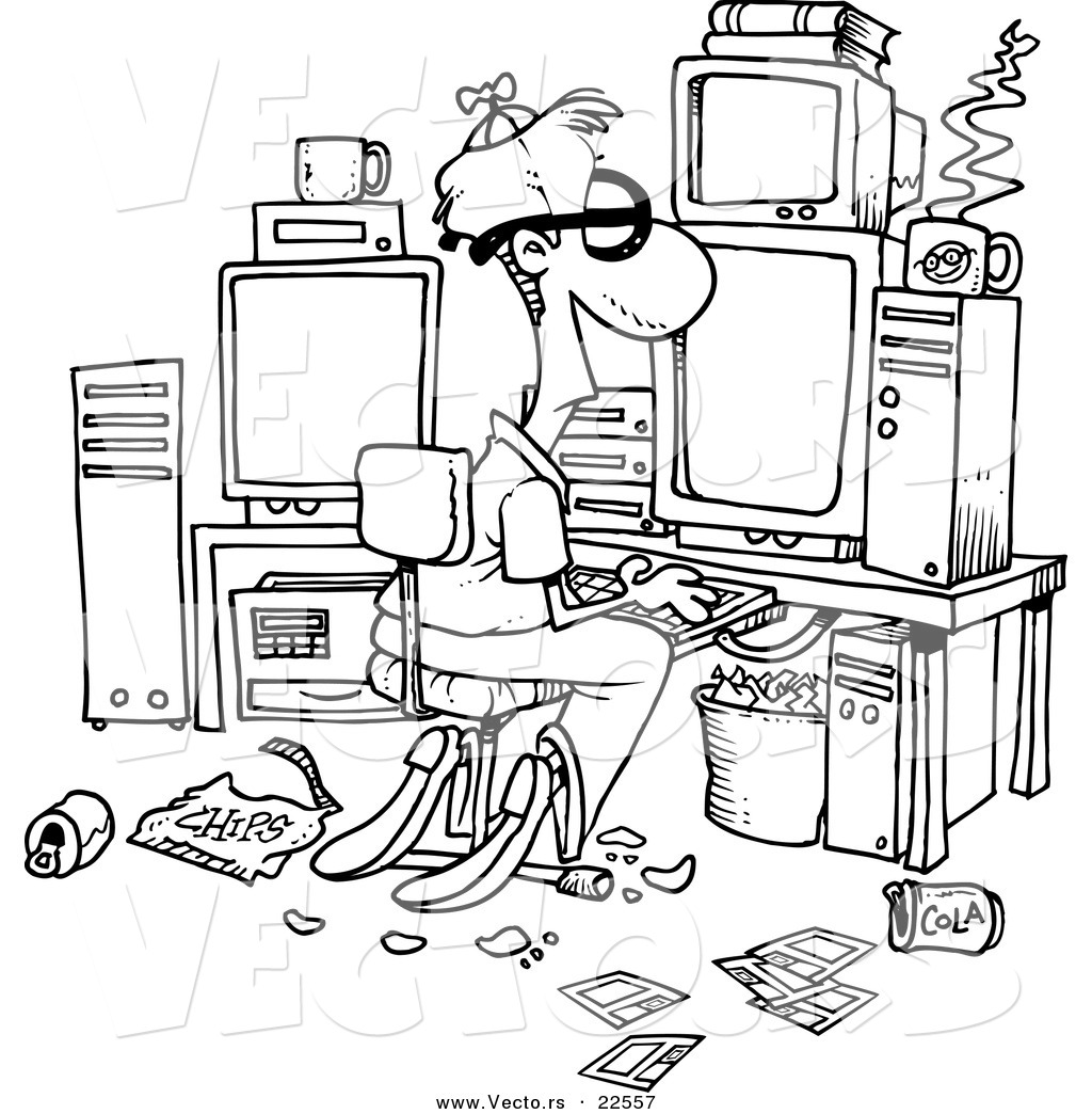 R of a cartoon computer geek with a messy office