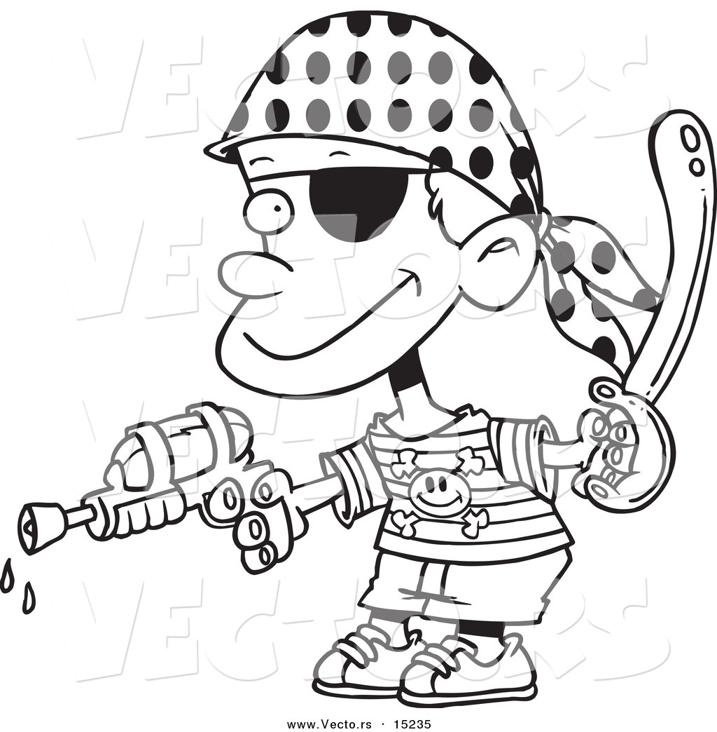 R of a cartoon pirate boy shooting water gun