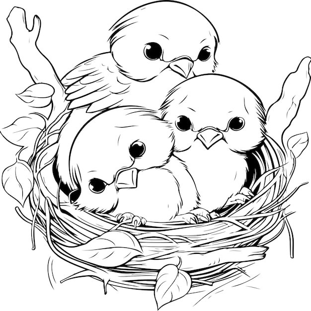 Premium vector nest of cute baby cartoon coloring page