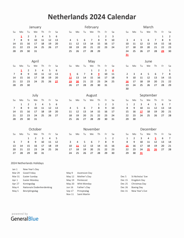 Yearly calendar printable with netherlands holidays