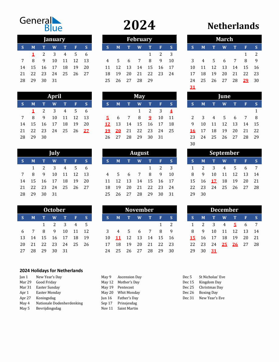 Netherlands holiday calendar
