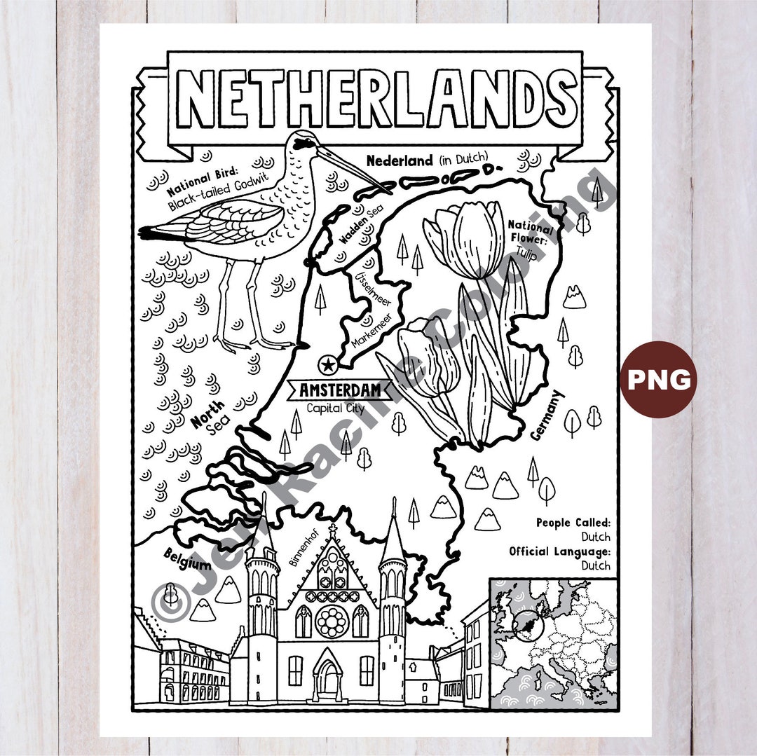 Netherlands coloring page geography of europe digital download coloring page