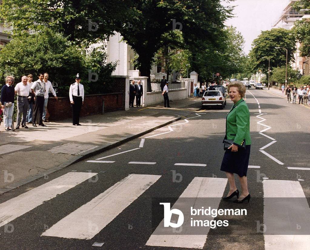 Image of margaret thatcher walking across zebra crossing in abbey road made