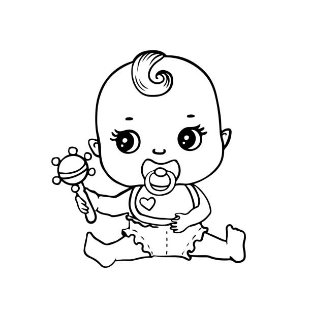 Cute baby in diaper with rattle for coloring page or book black and white vector eps illustration of cartoon child character stock illustration