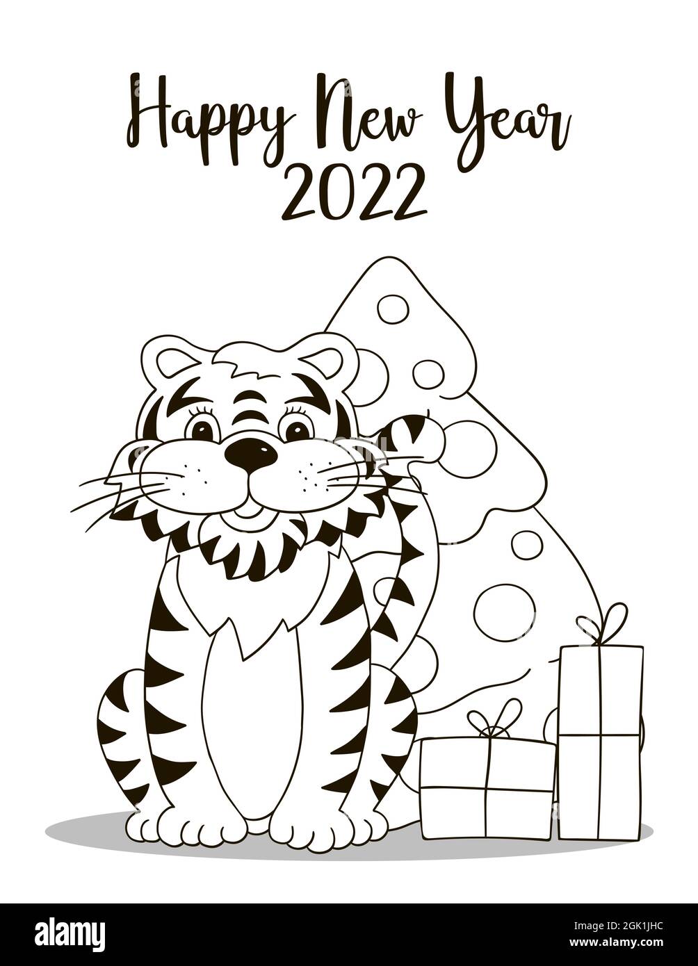 Symbol of new year card in hand draw style christmas tree gifts tiger new year coloring postcards calendars posters flyers stock vector image art