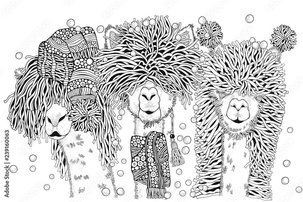 Llamas party happy new year coloring book page for adult and children in doodle style a size black and white hand