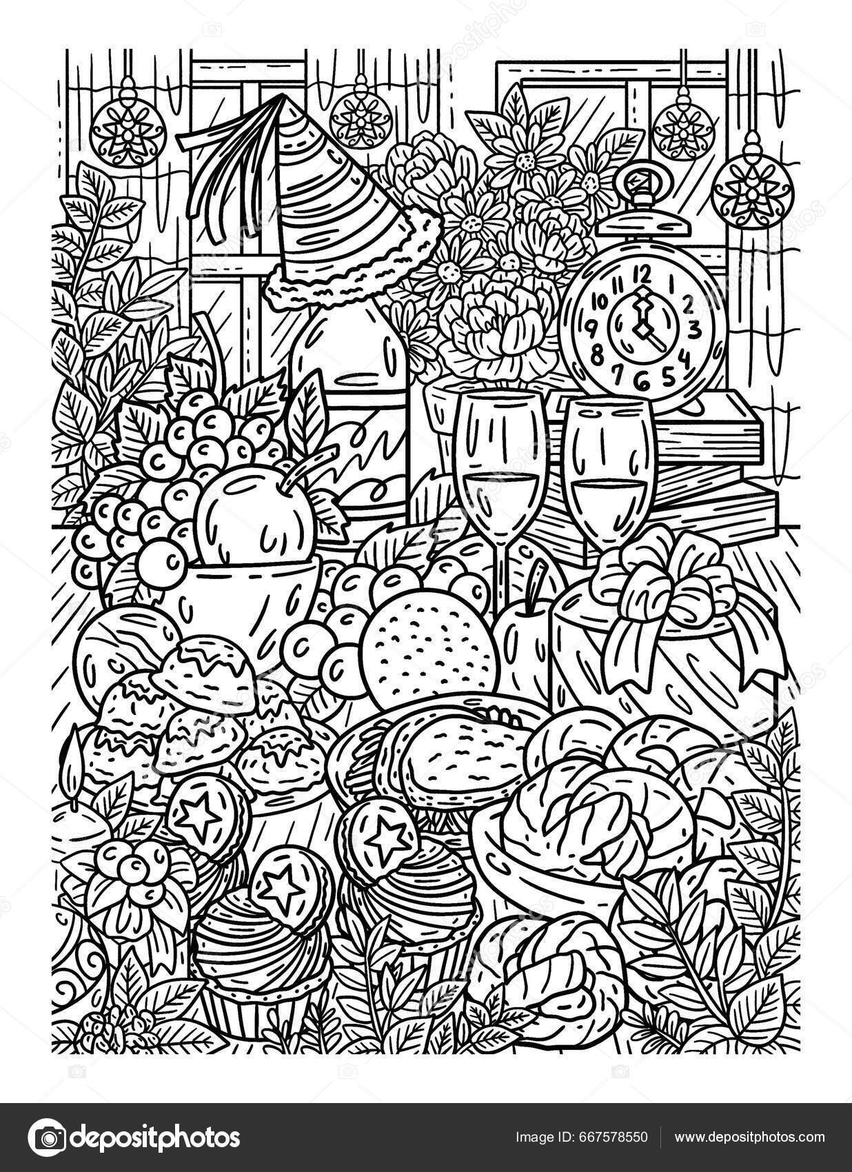 Cute beautiful new year feast coloring page provides hours coloring stock vector by abbydesign