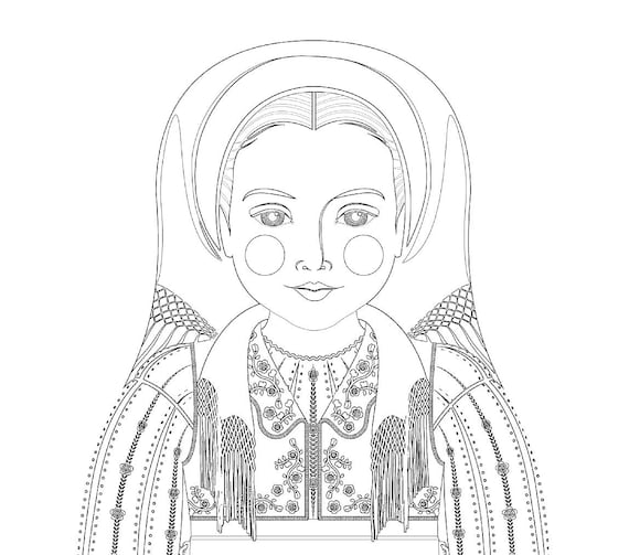 Romanian coloring sheet printable file traditional folk dress matryoshka doll download now