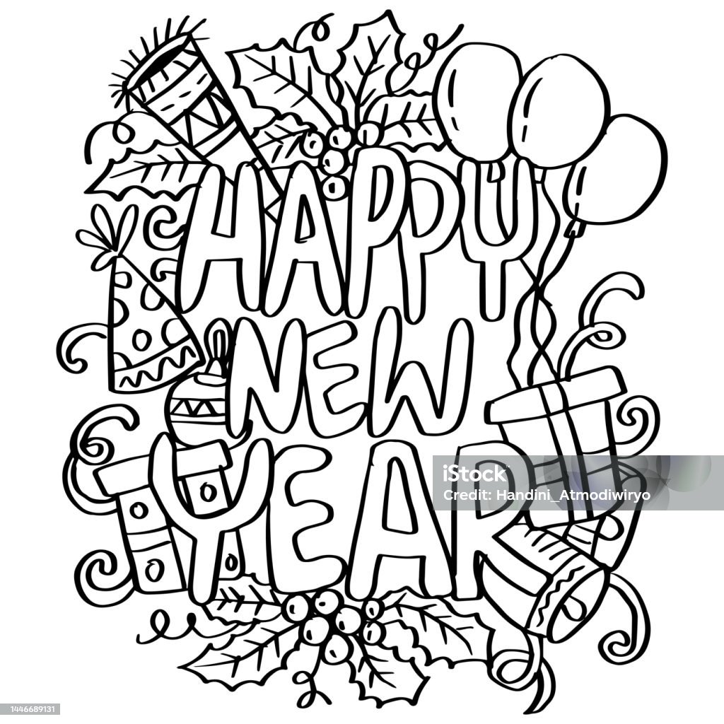 Happy new year coloring pages for kids and adults stock illustration
