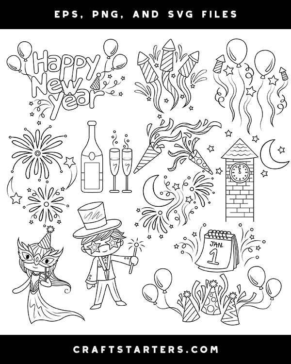 New years eve digital stamps black and white clip art