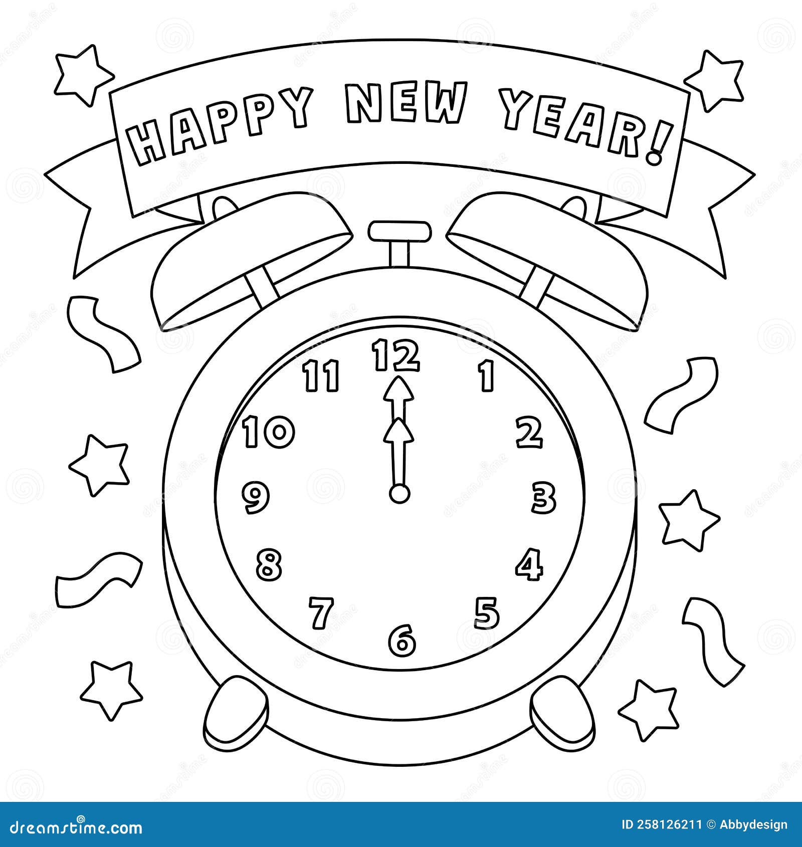 Happy new year clock isolated coloring page stock vector