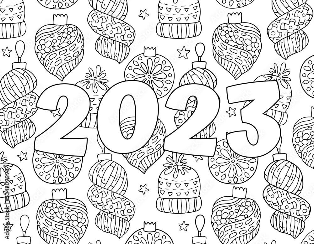 Hand drawing coloring page for kids and adults holiday greeting new year beautiful drawing with patterns and small details coloring book pictures vector vector