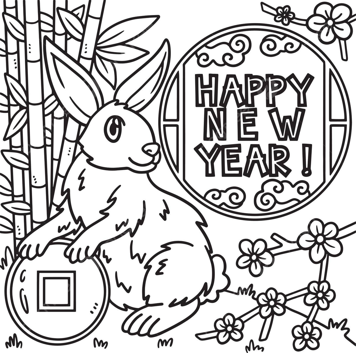 Coloring page for kids rabbit celebrating the new year with joy vector rabbit drawing rat drawing ring drawing png and vector with transparent background for free download
