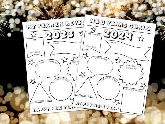 Kids new years resolution printable year in review and goals for the year new years coloring new years activity sheet kids coloring