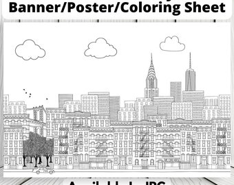 New york city coloring sheet printable for adults kidshand drawn illustration black whiteposter banner coloring pageinstant download download now