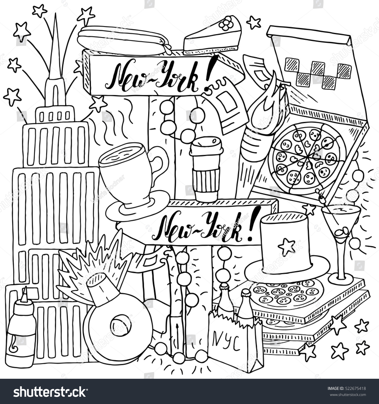 Symbols new york coloring page design stock vector royalty free