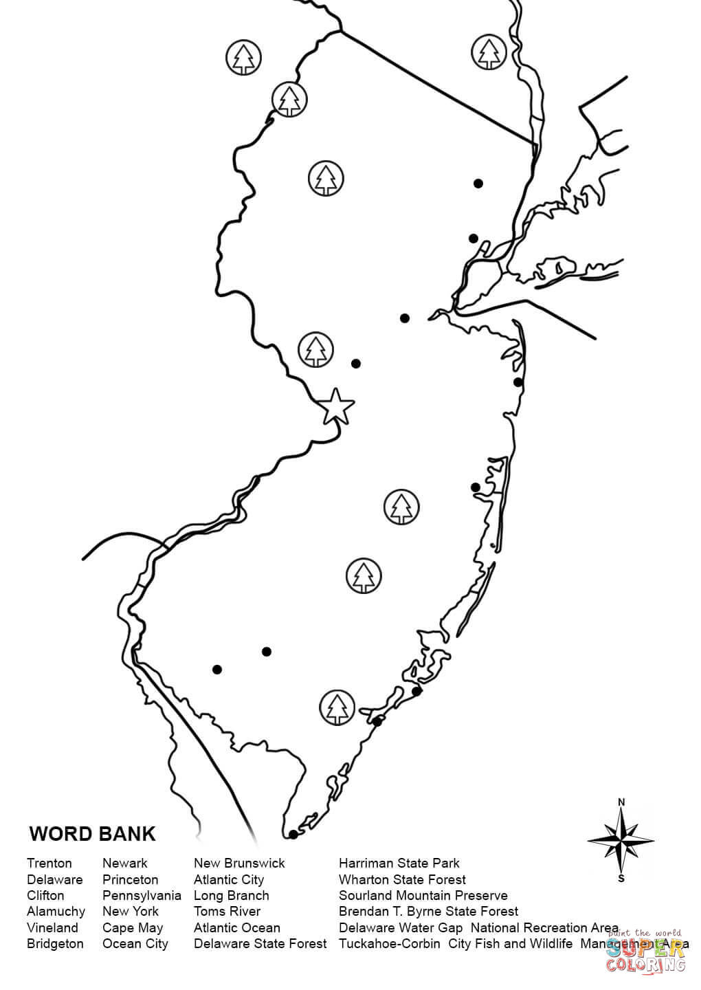 New jersey map worksheet coloring page free printable coloring pages