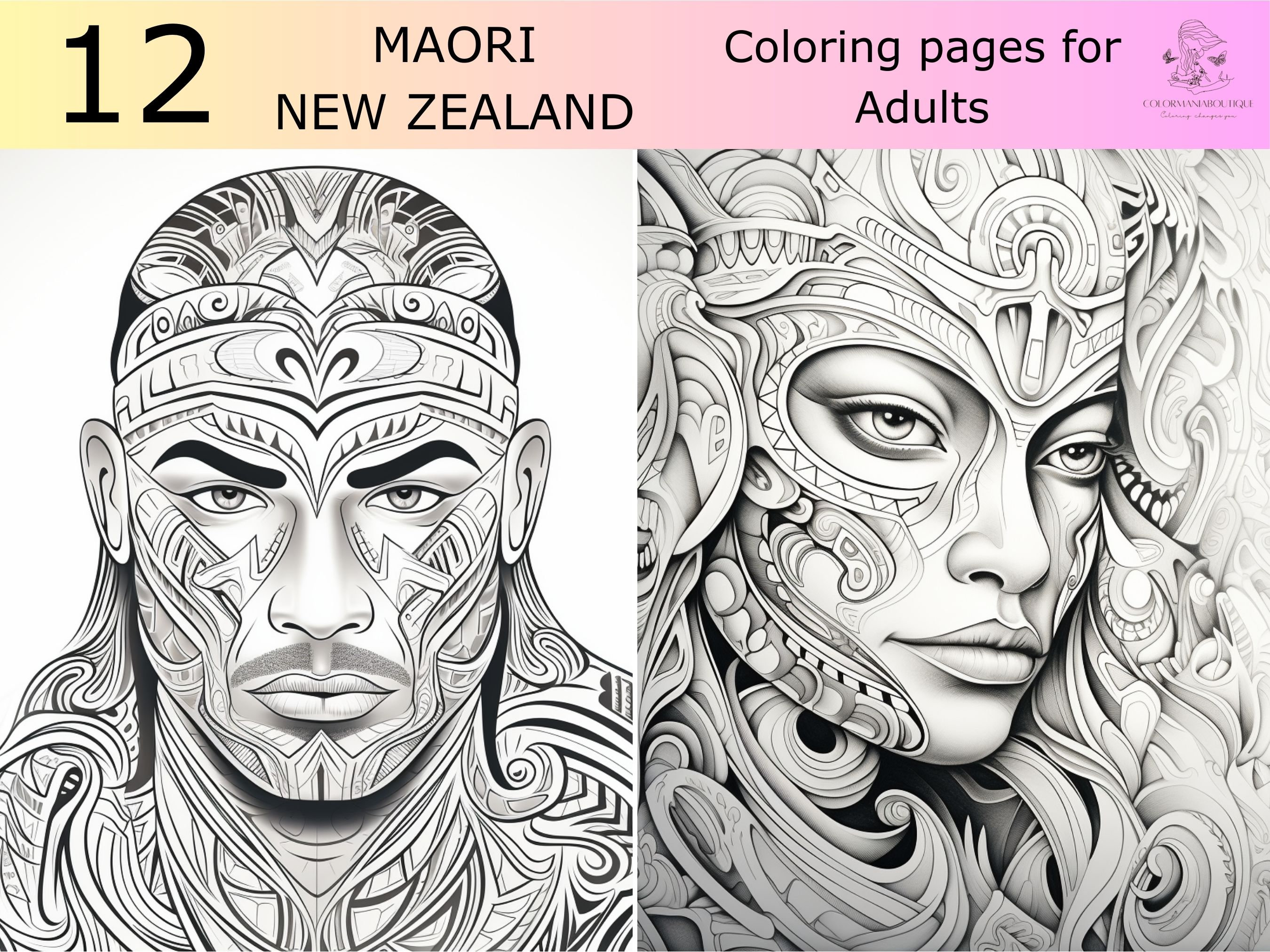 Greyscale maori people new zealand coloring book printable adult coloring pages maori population image to color png instant download