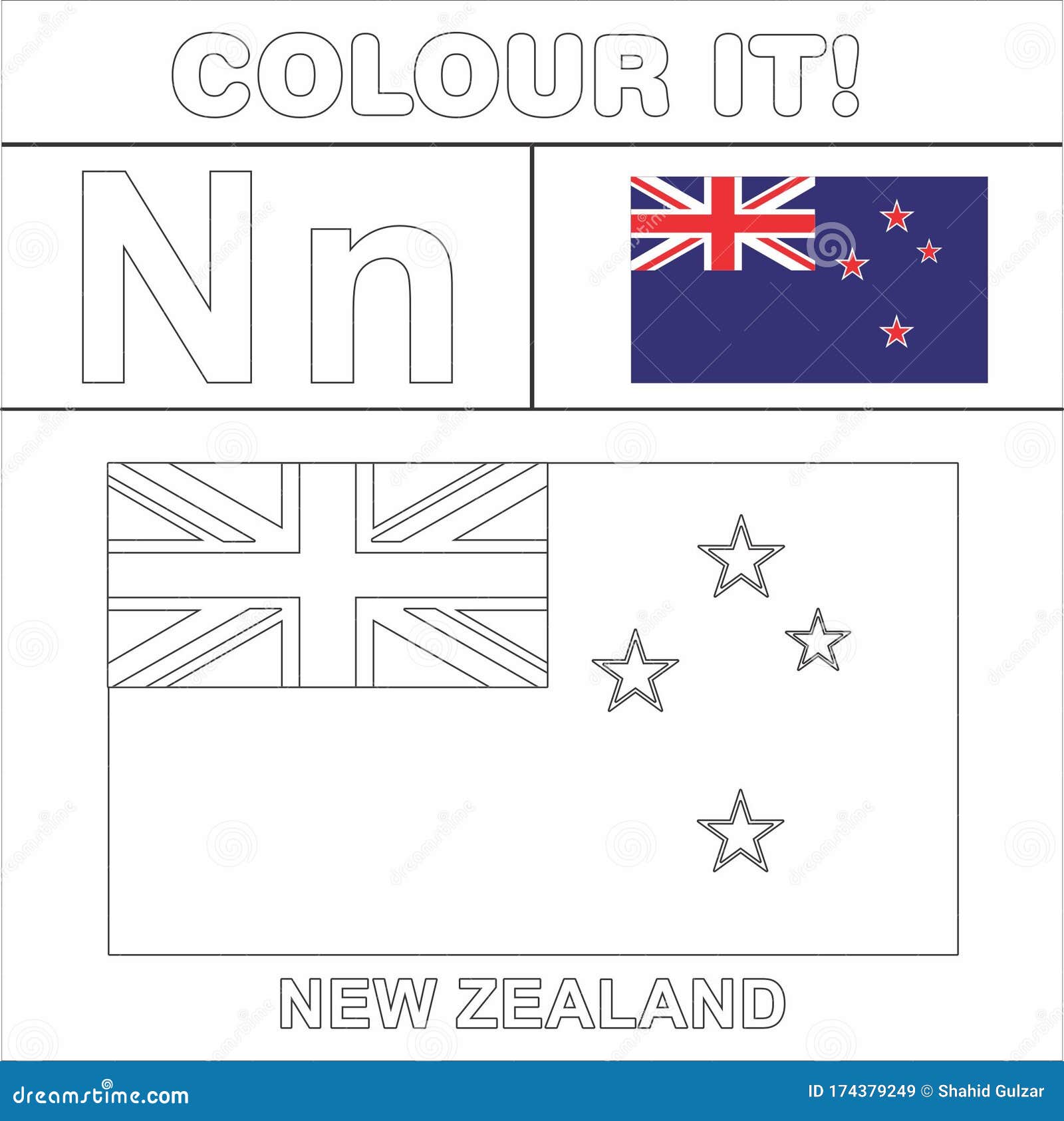 Colour it kids colouring page country starting from english letter n new zealands how to color flag stock illustration