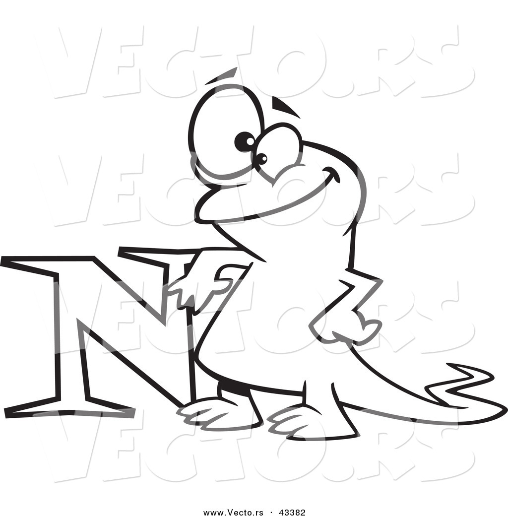 R of a happy cartoon newt leaning on the letter n
