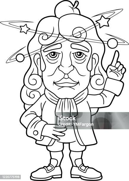 Scientist physicist isaac newton coloring book funny illustration stock illustration