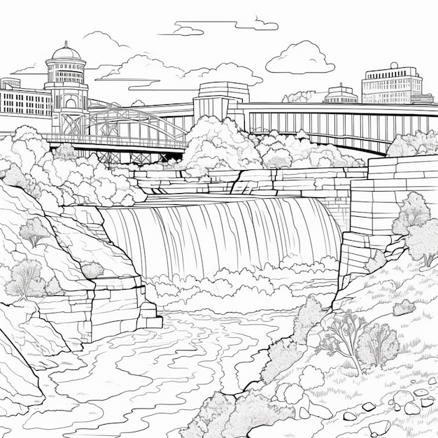 Premium ai image a black and white drawing of a waterfall with a bridge over it generative ai