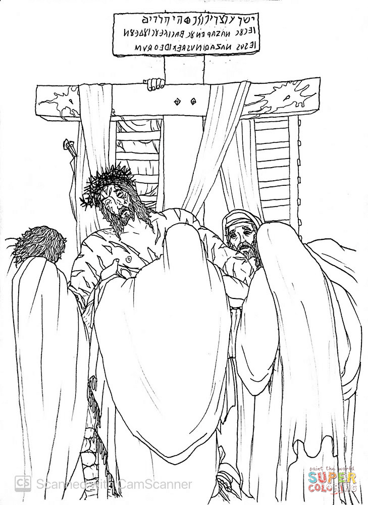 Joseph of arimathea and nicodemus remove jesus body from the cross coloring page free printable coloring pages