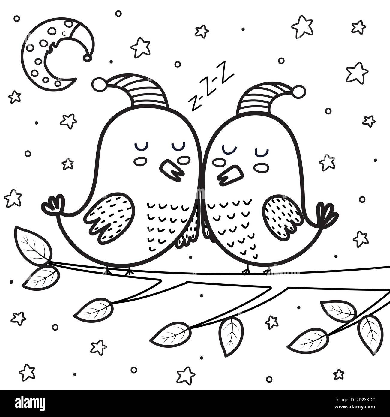 Cute sleeping birds at night coloring page moon and stars black and white background stock vector image art