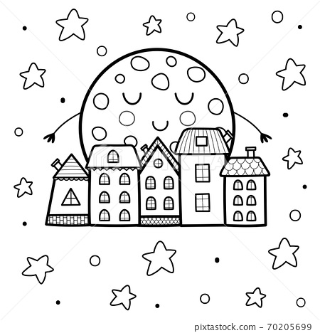 Cute sleeping moon and night town landscape