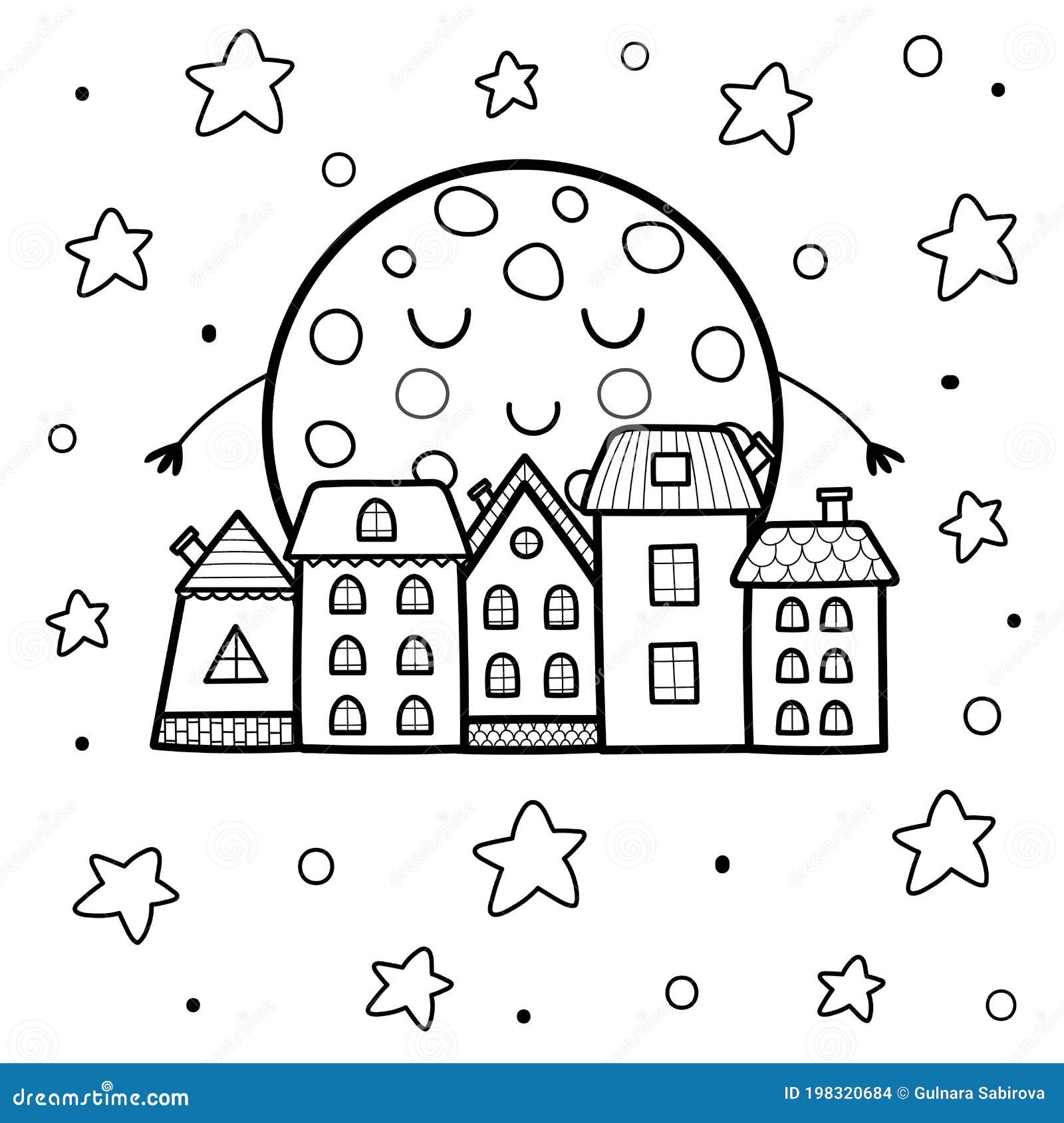 Cute sleeping moon and night town landscape coloring page good night background stock vector