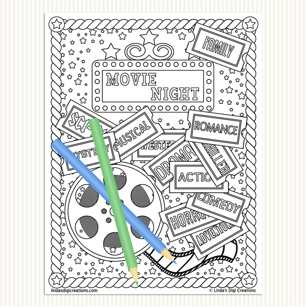 Movie night printable adult coloring pages