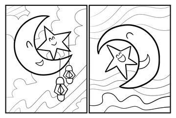 Premium vector funny ramadan moon and star coloring page