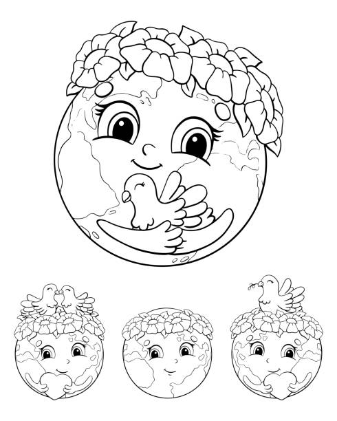 Set of cute planets for earth day coloring book page for kids cartoon style character vector illustration isolated on white background stock illustration