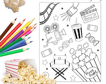 Printable movie night coloring page cinema coloring page for kids and adults