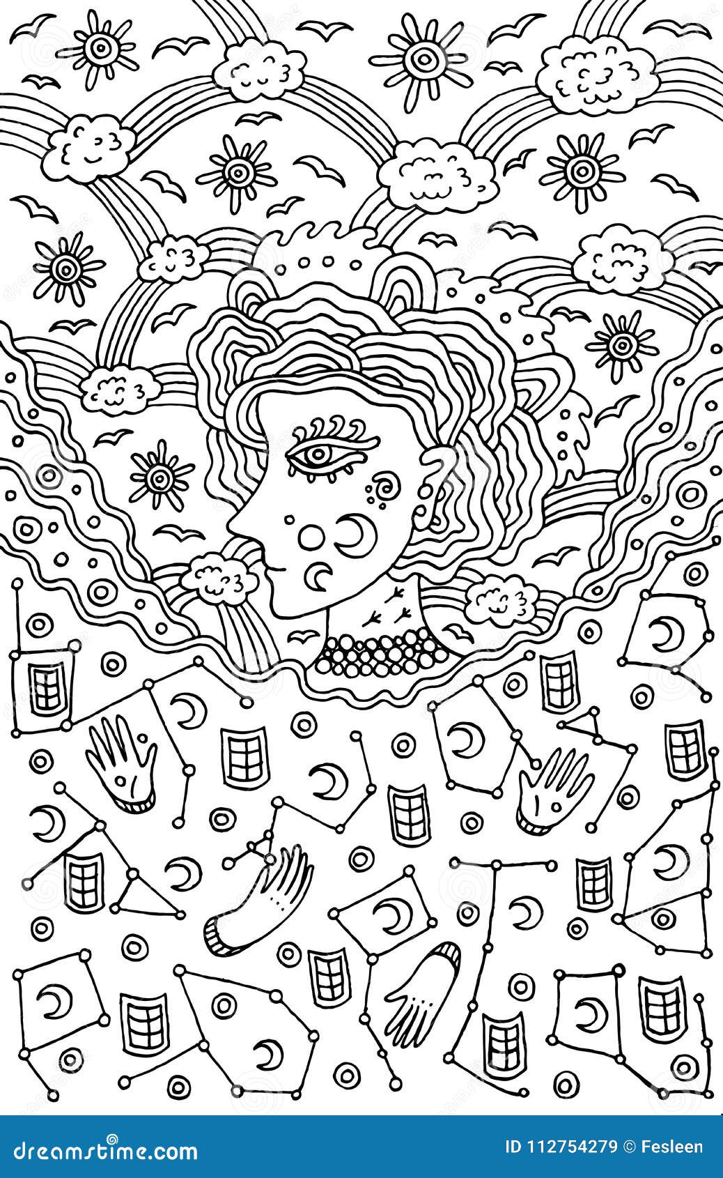 Surreal girl goddess of night and day sky tribal fairy tale woman art coloring page for adults stock vector