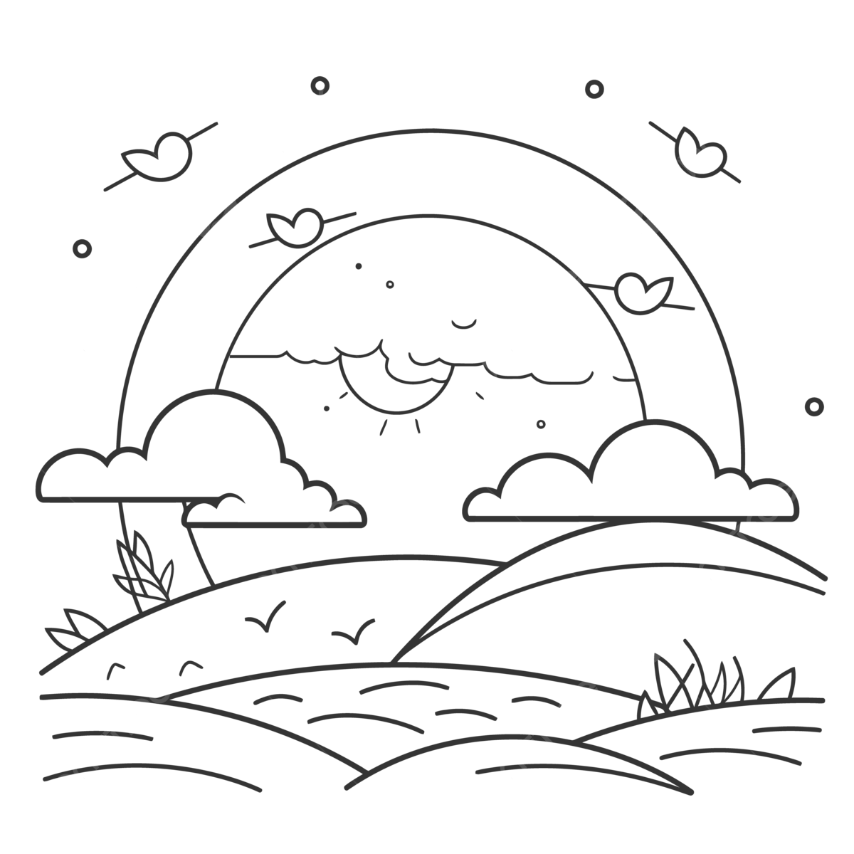 Cartoon sun day and night in the summer landscape coloring page with clouds and birds outline sketch drawing vector sun drawing cloud drawing car drawing png and vector with transparent background for