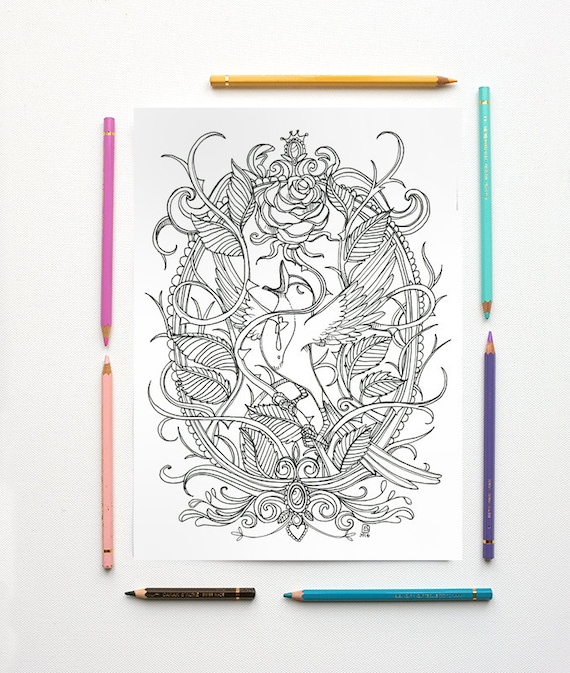 Coloring page pdf the nightingale and the rose by oscar wilde instant download art printable illustration