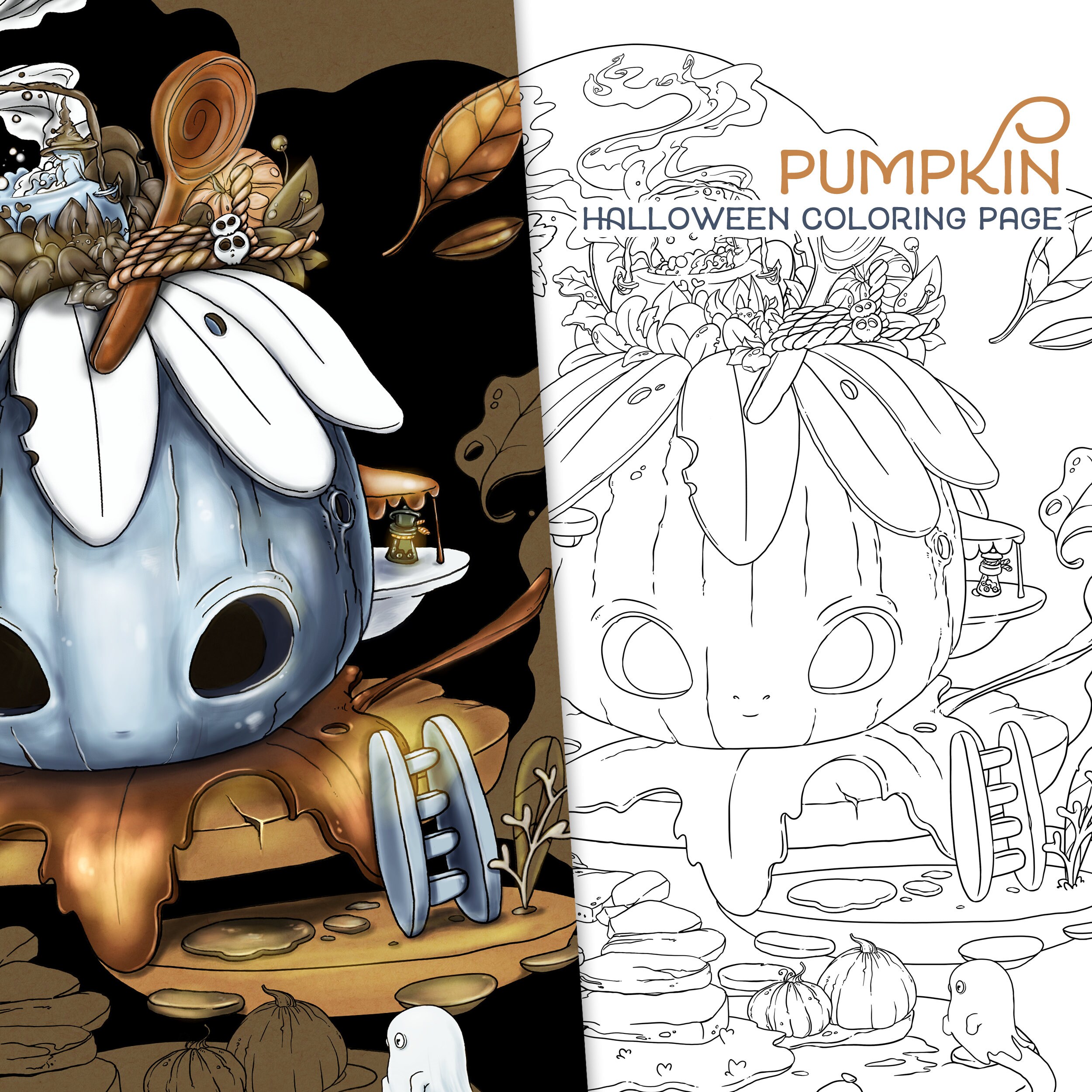 Halloween pumpkin adult coloring page cute home fall ghosts witch digital download printable pdf from autumn coloring book by jen katz