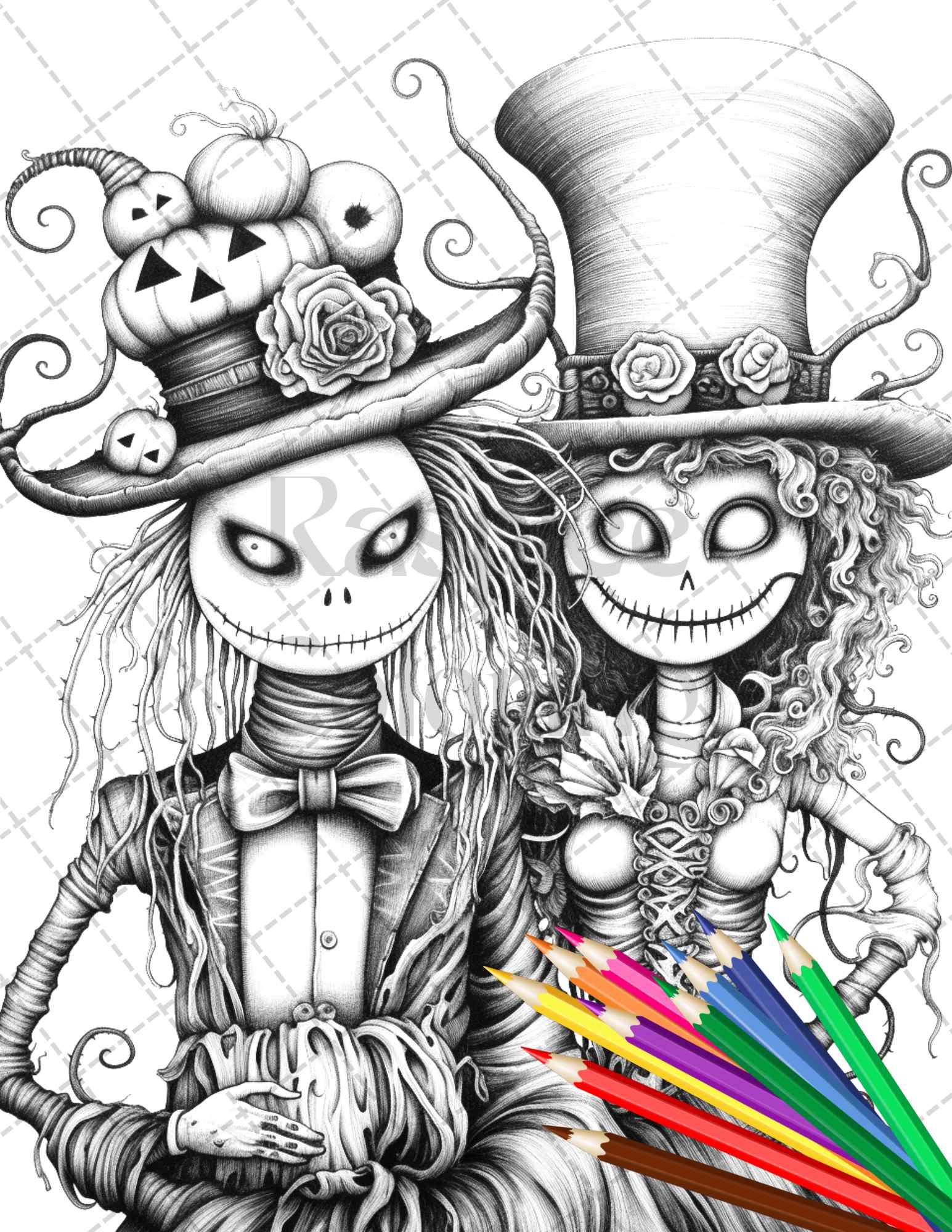 Scary scarecrows grayscale coloring pages printable for adults hal â coloring